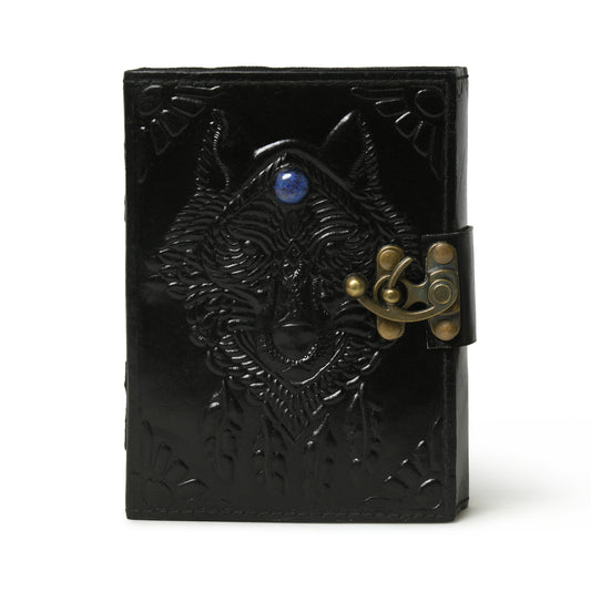 Black wolf embossed leather journal with metal clasp, wholesale from The Hide Leather