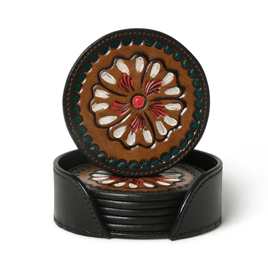 Hand-painted western floral round leather coaster set, wholesale from The Hide Leather