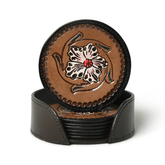 White flower tooled round leather coaster set with holder, wholesale from The Hide Leather