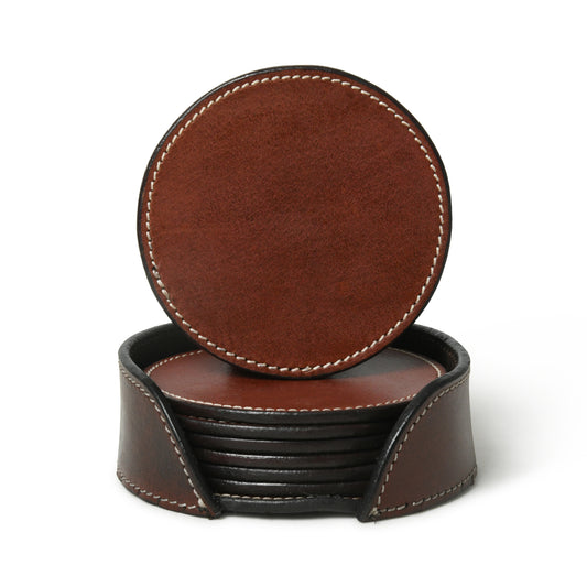 Round genuine leather coaster set with holder, wholesale from The Hide Leather