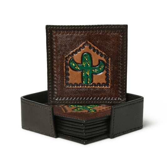 Western cactus square leather coaster set with holder, wholesale from The Hide Leather