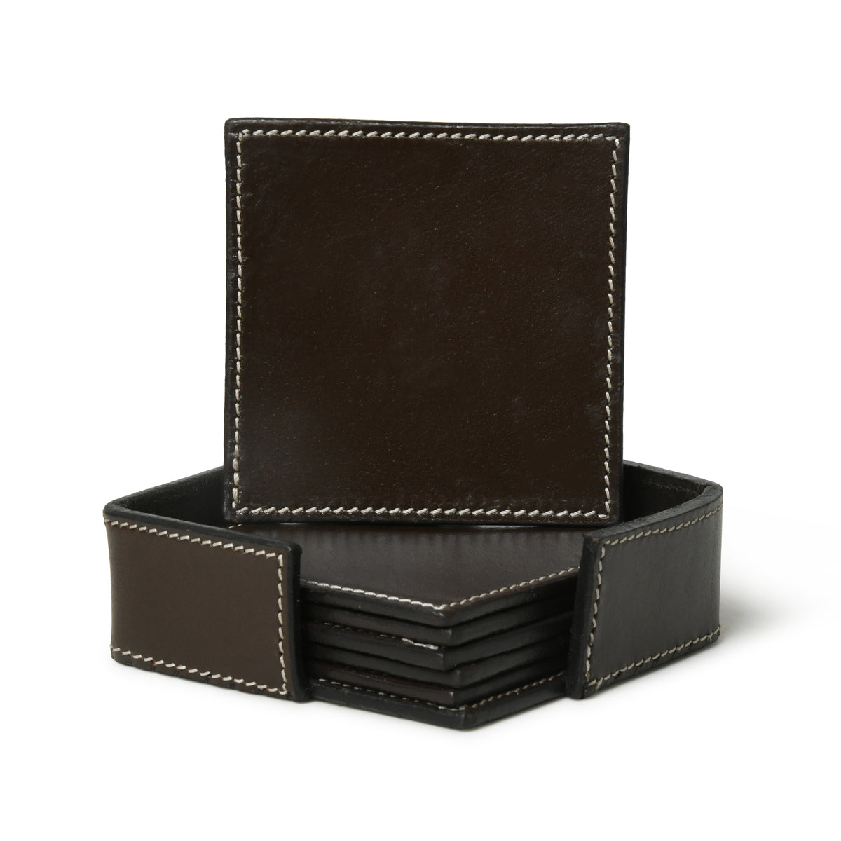 Square genuine leather coaster set with holder, view 5 of 8