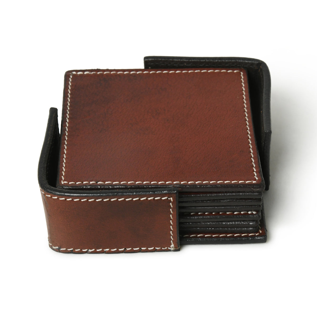 Square genuine leather coaster set with holder, view 3 of 8
