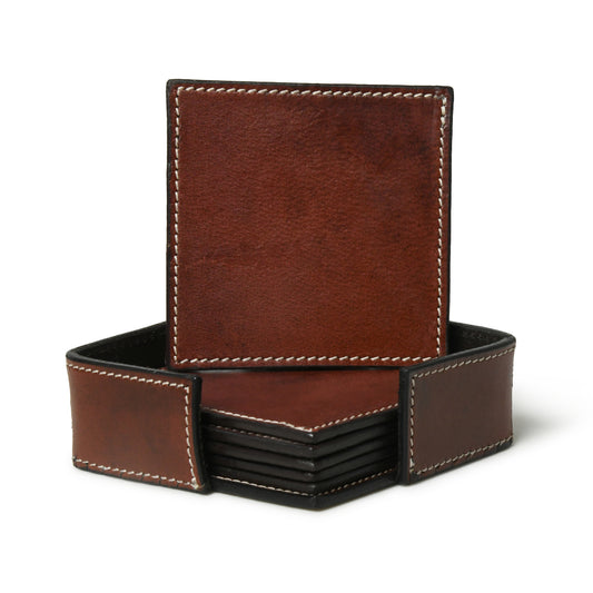 Square genuine leather coaster set with holder, wholesale from The Hide Leather