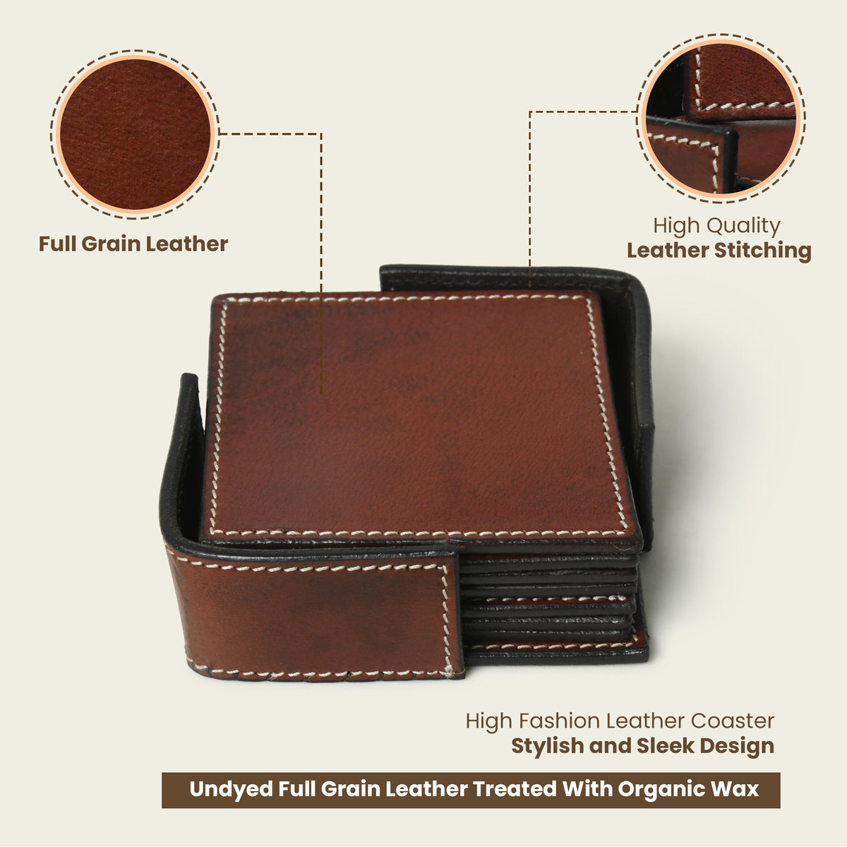 Square genuine leather coaster set with holder, view 4 of 8