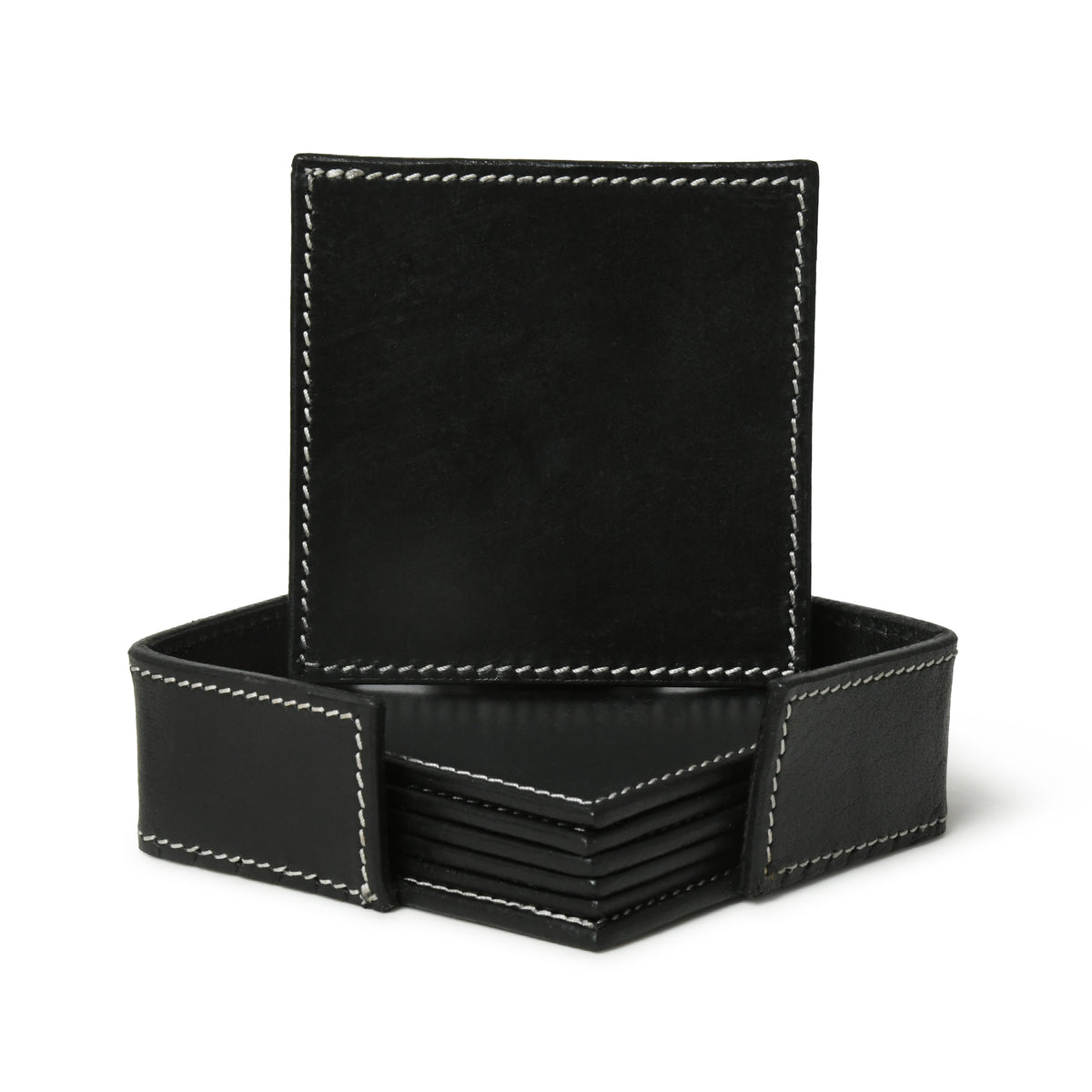 Square genuine leather coaster set with holder, view 7 of 8