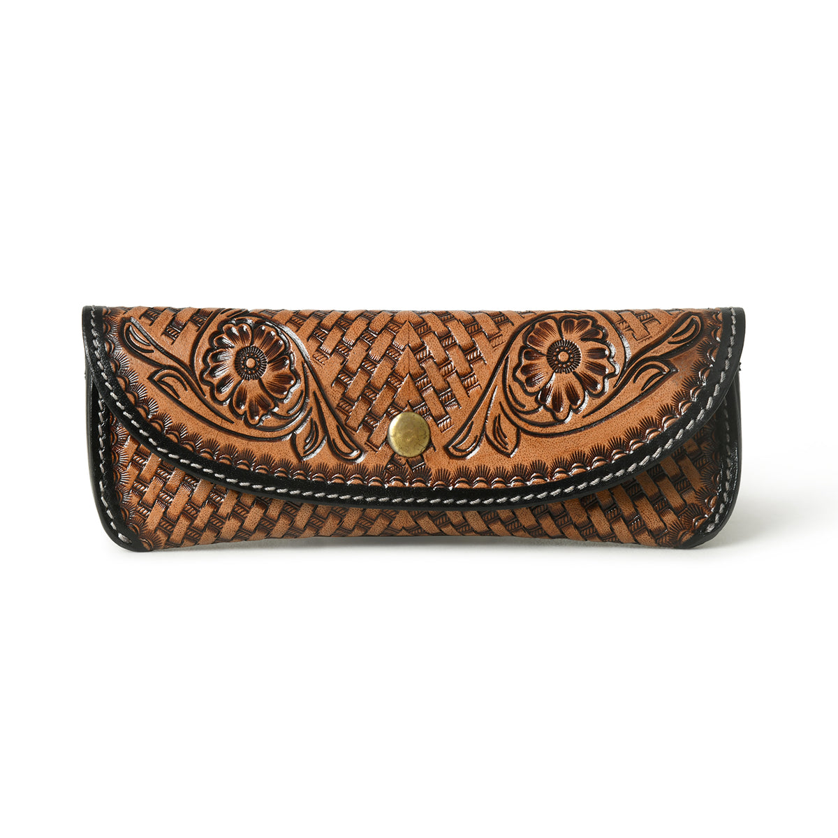 Basket weave tooled leather sunglasses case, wholesale from The Hide Leather