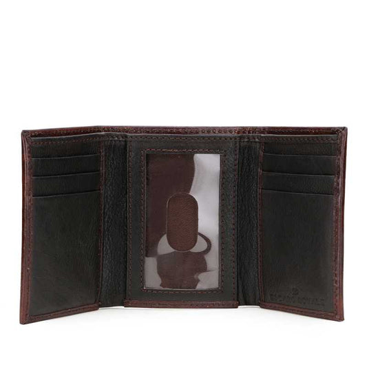 Brown floral tooled trifold wallet with red trim, view 2 of 3
