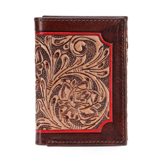 Brown floral tooled trifold wallet with red trim, wholesale from The Hide Leather