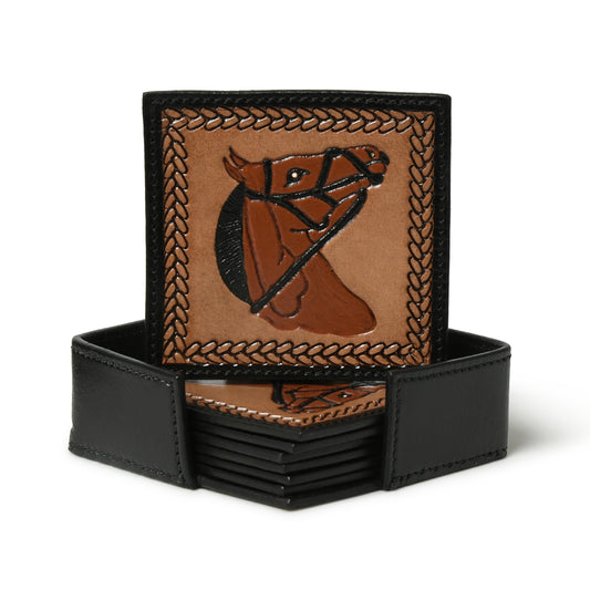 Western horse head square leather coaster set with holder, wholesale from The Hide Leather