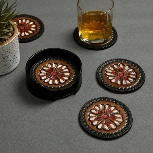 Hand-painted western floral round leather coaster set, view 2 of 4