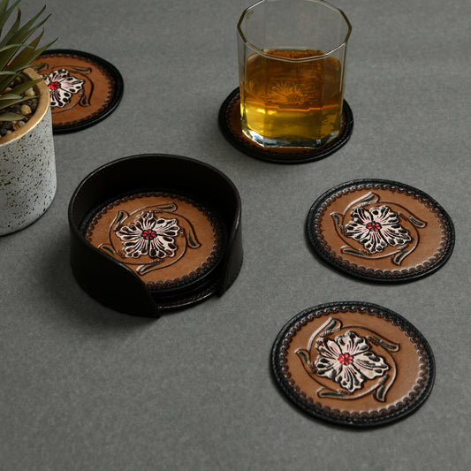 White flower tooled round leather coaster set with holder, view 2 of 4