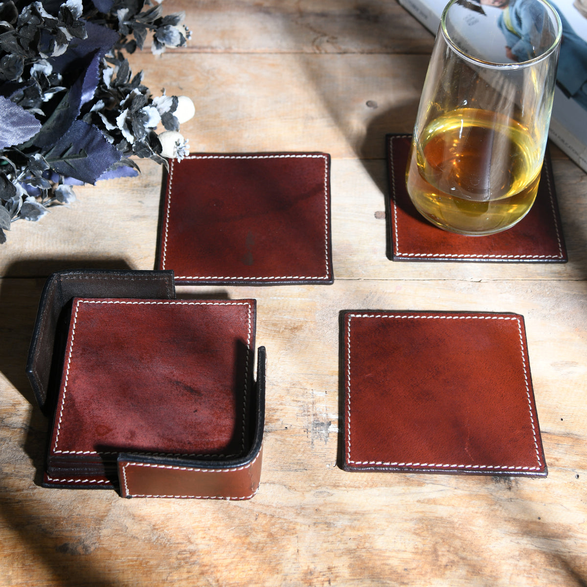 Square genuine leather coaster set with holder, view 2 of 8