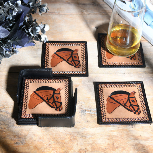 Western horse head square leather coaster set with holder, view 2 of 4