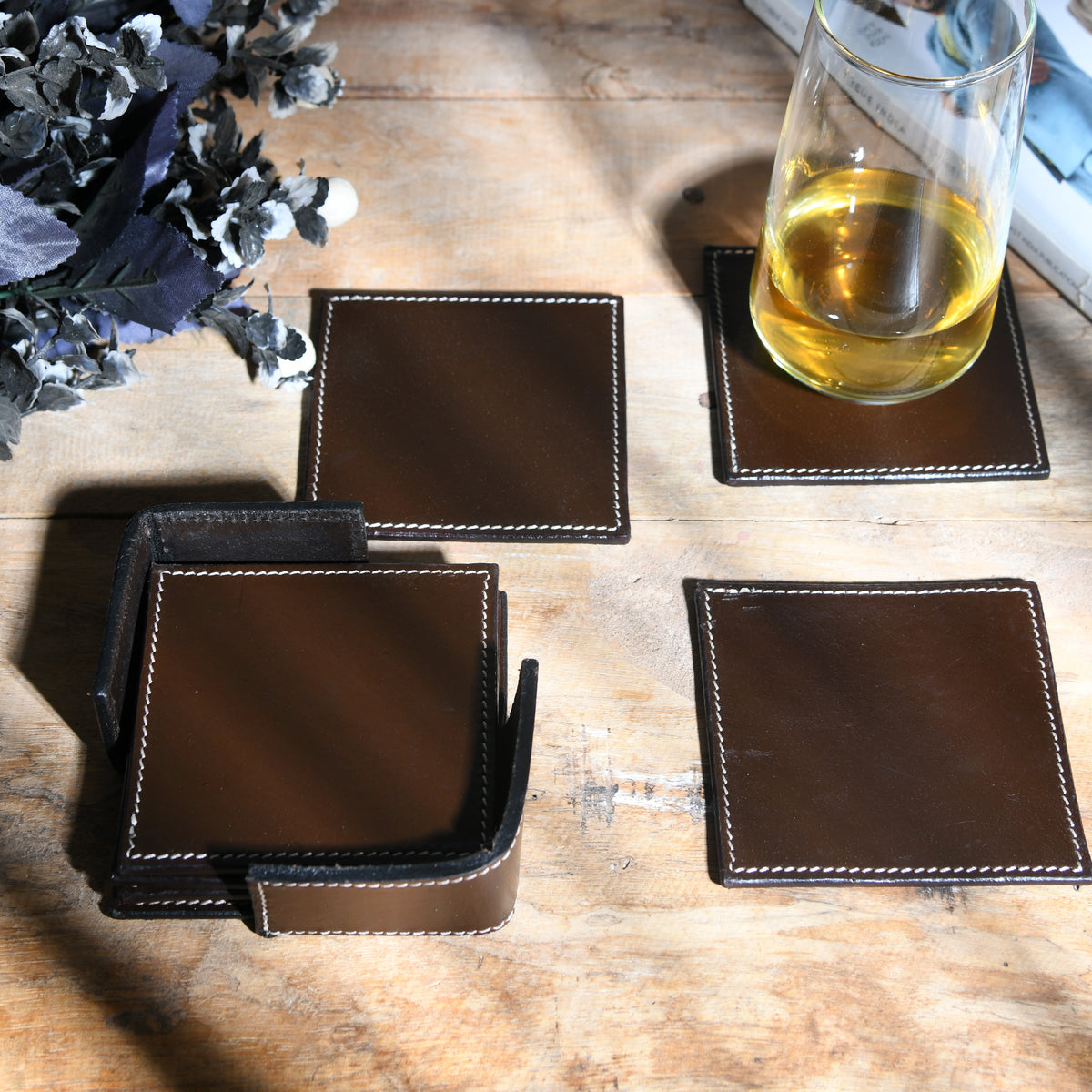 Square genuine leather coaster set with holder, view 6 of 8