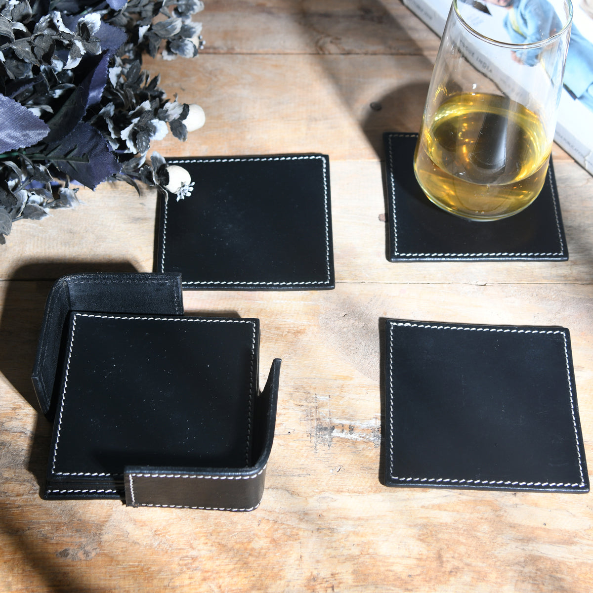 Square genuine leather coaster set with holder, view 8 of 8