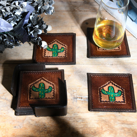 Western cactus square leather coaster set with holder, view 2 of 4
