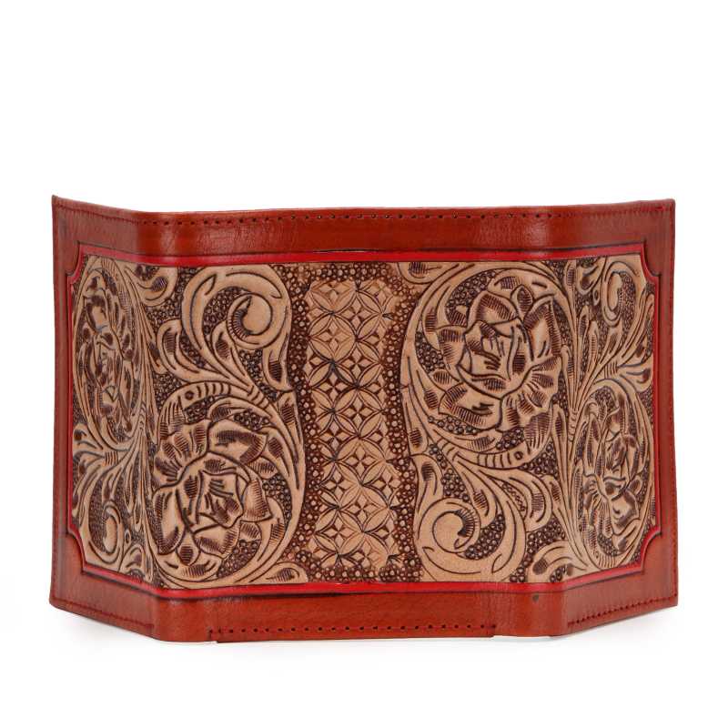 Cognac floral tooled trifold wallet with ID window, view 3 of 3