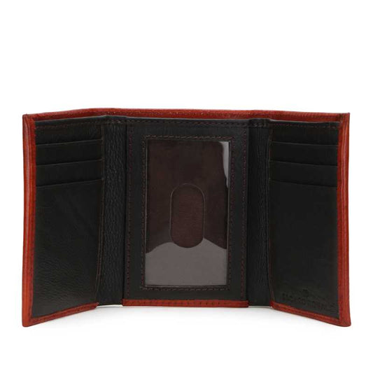 Cognac floral tooled trifold wallet with ID window, view 2 of 3