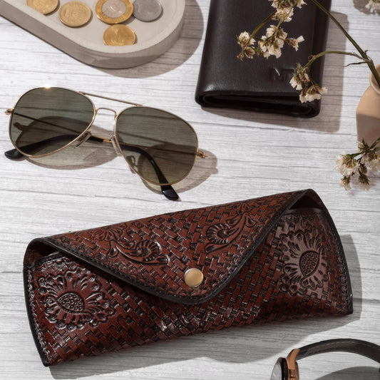 Brown floral tooled leather sunglasses case, view 2 of 6
