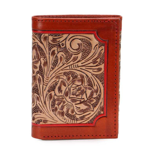 Cognac floral tooled trifold wallet with ID window, wholesale from The Hide Leather