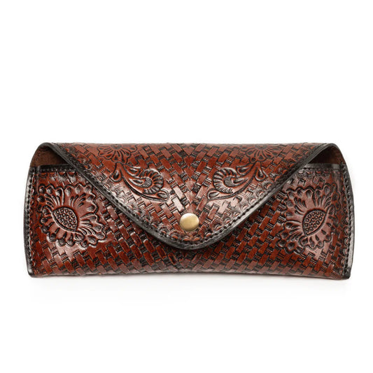 Brown floral tooled leather sunglasses case, wholesale from The Hide Leather