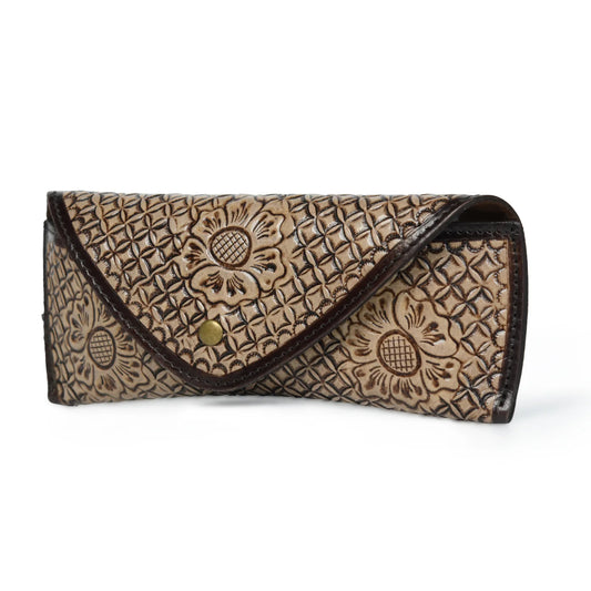 Tan floral tooled leather sunglasses case, view 2 of 6