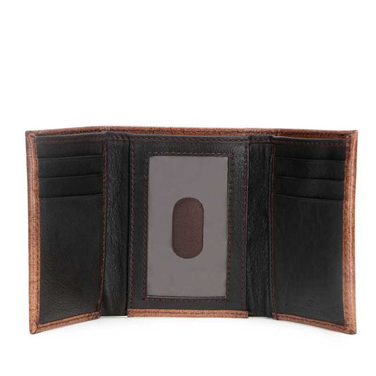 Brown floral cut-out tooled trifold wallet, view 2 of 3