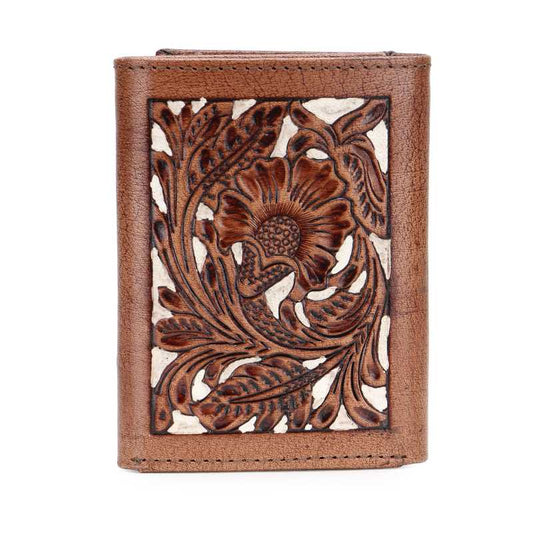 Brown floral cut-out tooled trifold wallet, wholesale from The Hide Leather