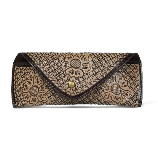 Tan floral tooled leather sunglasses case, wholesale from The Hide Leather