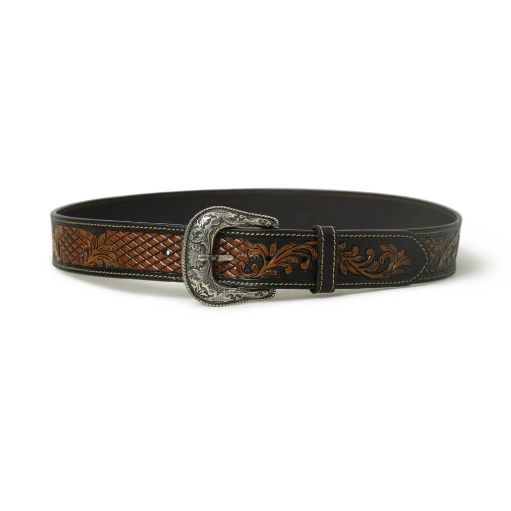 Decorative belt with intricate designs and a silver buckle on a white background