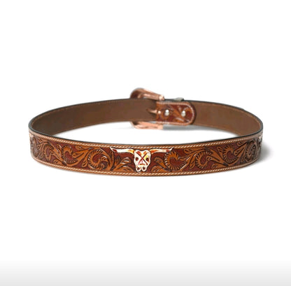 Brown leather belt with intricate embossing on a white background