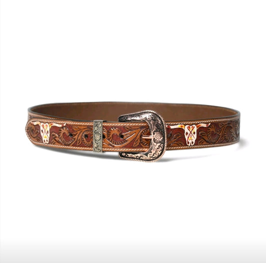 Brown leather belt with intricate designs and a decorative buckle on a white background