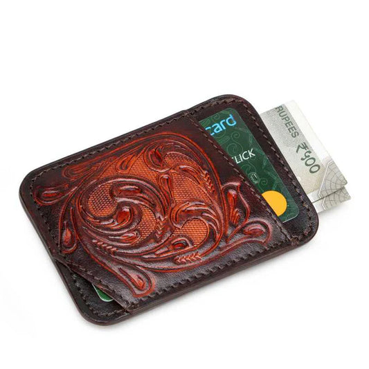 Floral tooled leather card holder in dark brown, blue and black, view 2 of 6