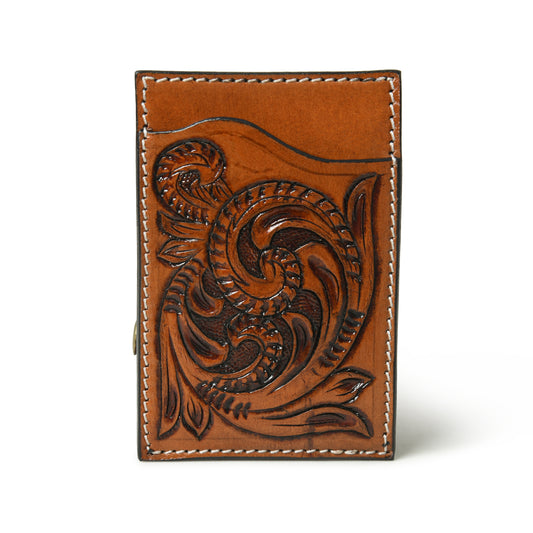 Cognac floral tooled leather card holder, wholesale from The Hide Leather