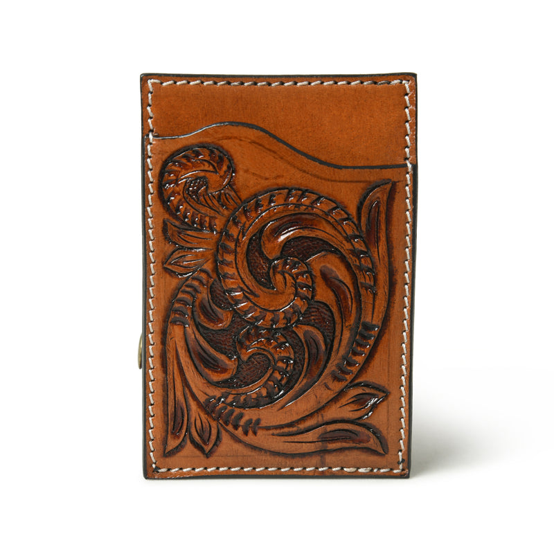 Cognac floral tooled leather card holder, wholesale from The Hide Leather