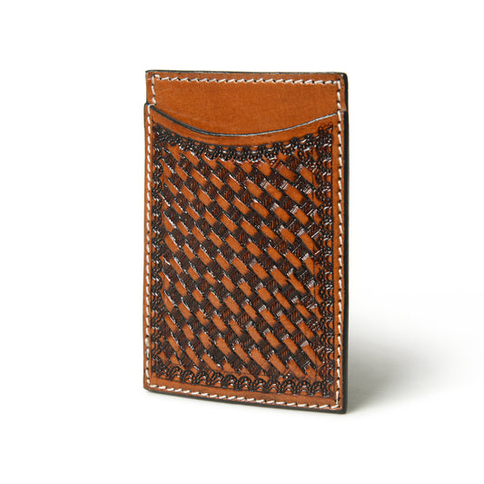 Cognac basket weave tooled leather card holder, view 2 of 3