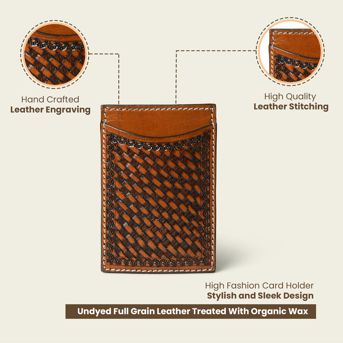 Cognac basket weave tooled leather card holder, view 3 of 3