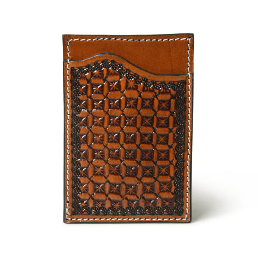 Cognac geometric tooled leather card holder, wholesale from The Hide Leather