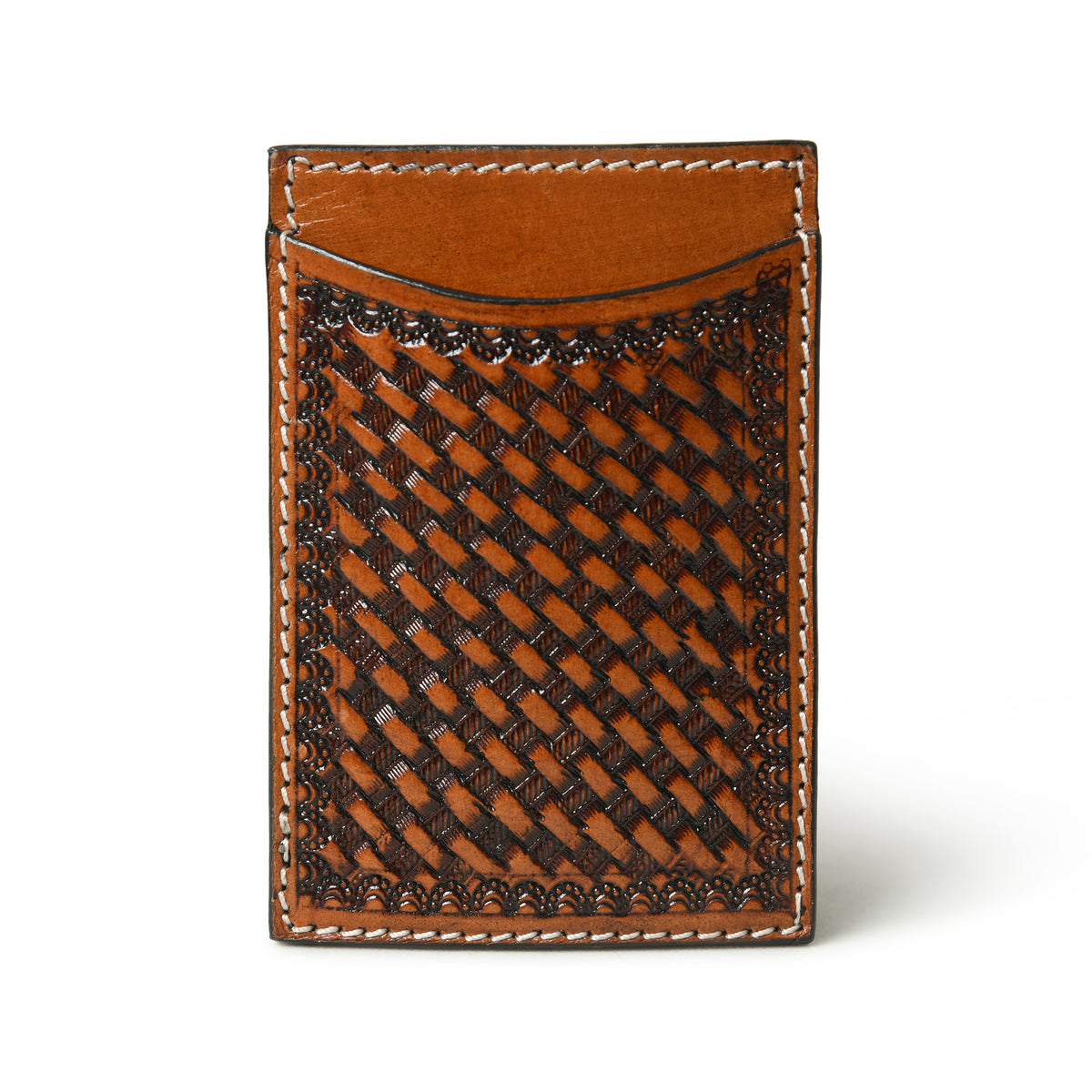 Cognac basket weave tooled leather card holder, wholesale from The Hide Leather