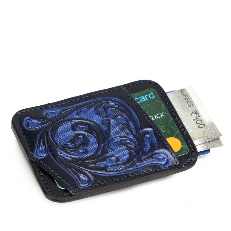 Floral tooled leather card holder in dark brown, blue and black, view 4 of 6