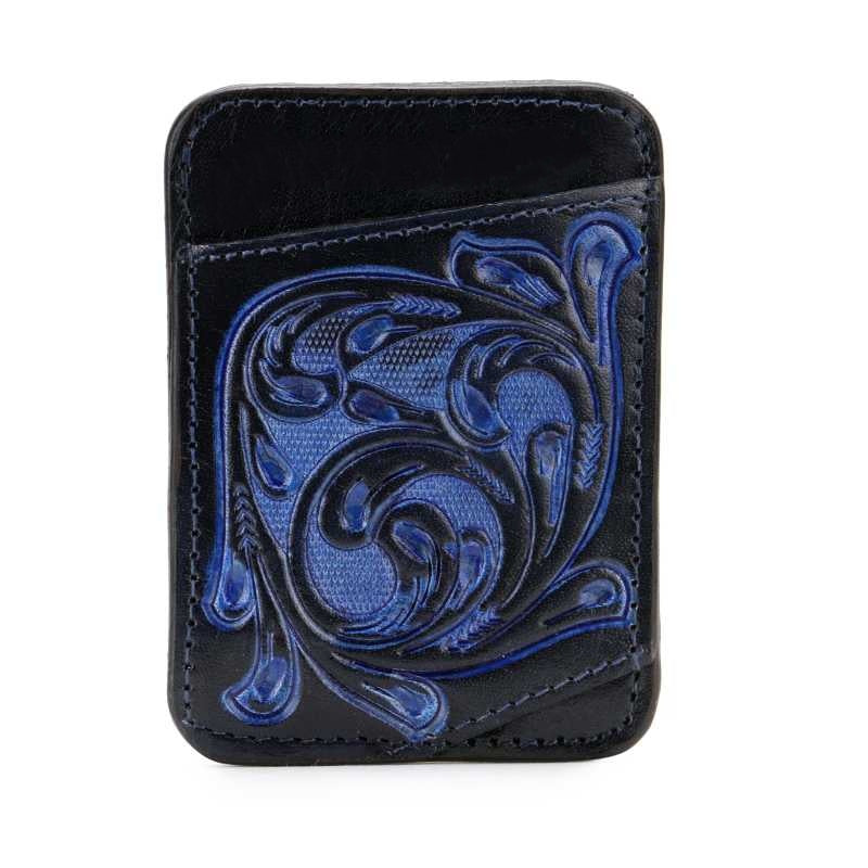 Floral tooled leather card holder in dark brown, blue and black, view 3 of 6
