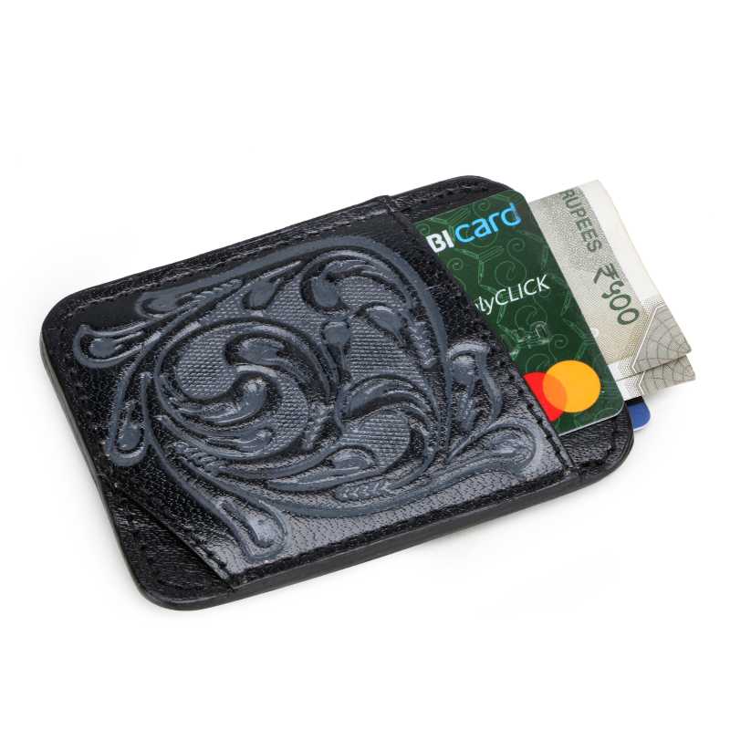 Floral tooled leather card holder in dark brown, blue and black, view 6 of 6