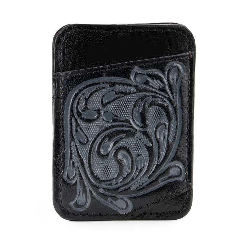 Floral tooled leather card holder in dark brown, blue and black, view 5 of 6