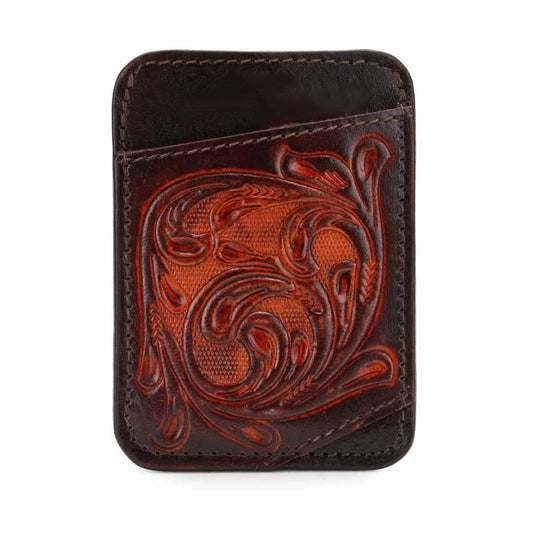 Floral tooled leather card holder in dark brown, blue and black, wholesale from The Hide Leather