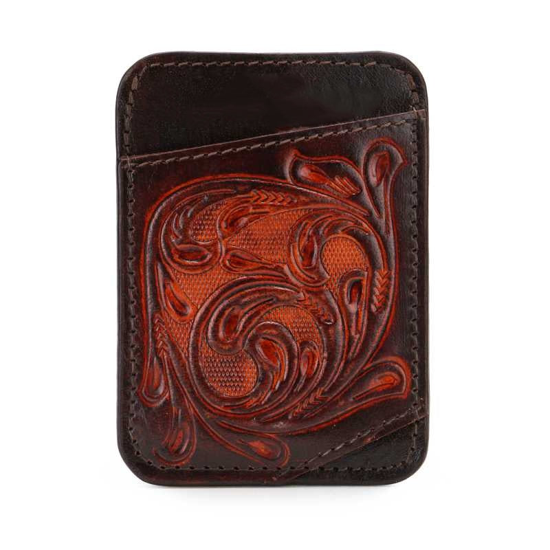 Floral tooled leather card holder in dark brown, blue and black, wholesale from The Hide Leather