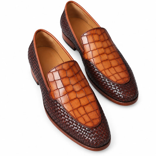 Men's two-tone woven and croc-embossed leather loafers, wholesale from The Hide Leather