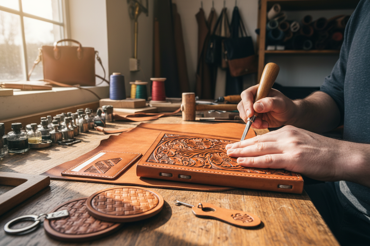 hand carving and tooling multiple accessories like keychain,card holder,journal and tea coaster