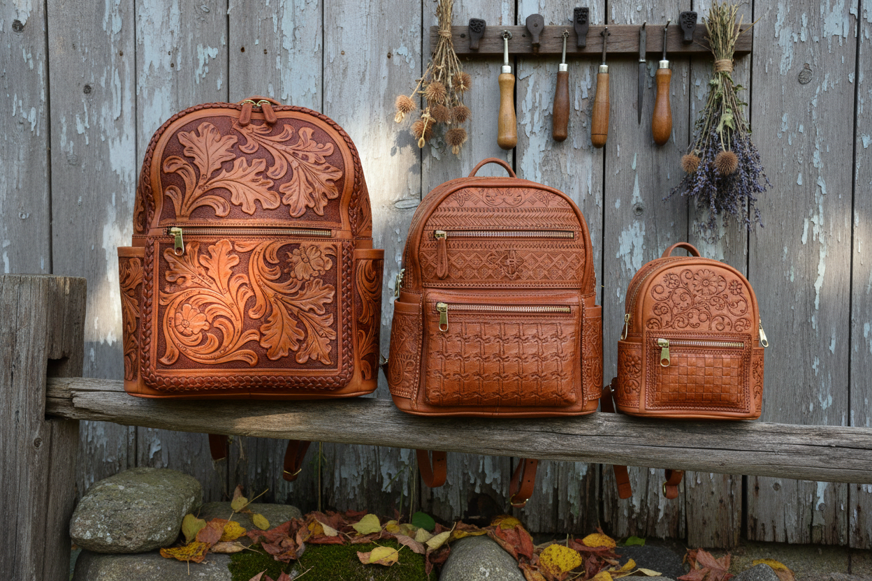 hand tooling backpack with different size image on creative background