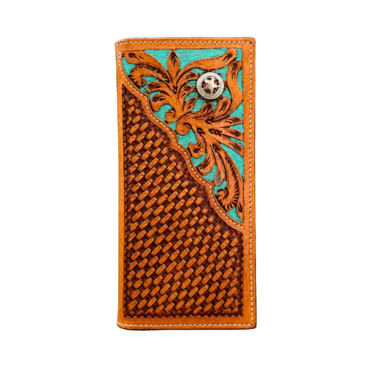 Women's tan tooled western long wallet with turquoise floral, wholesale from The Hide Leather